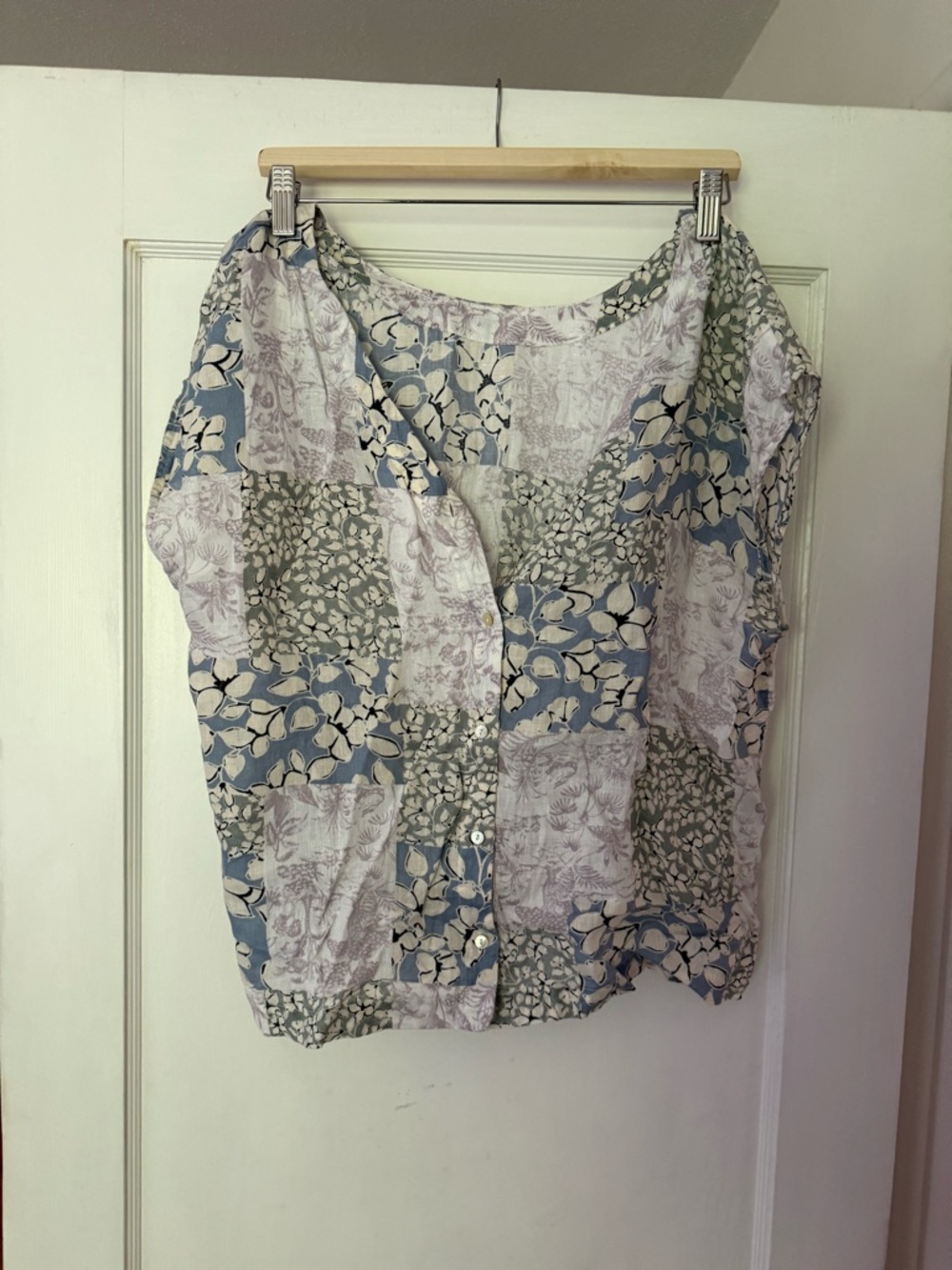 Nicole Miller Patchwork Floral Button-Front Short Sleeve Top in Blue and Green